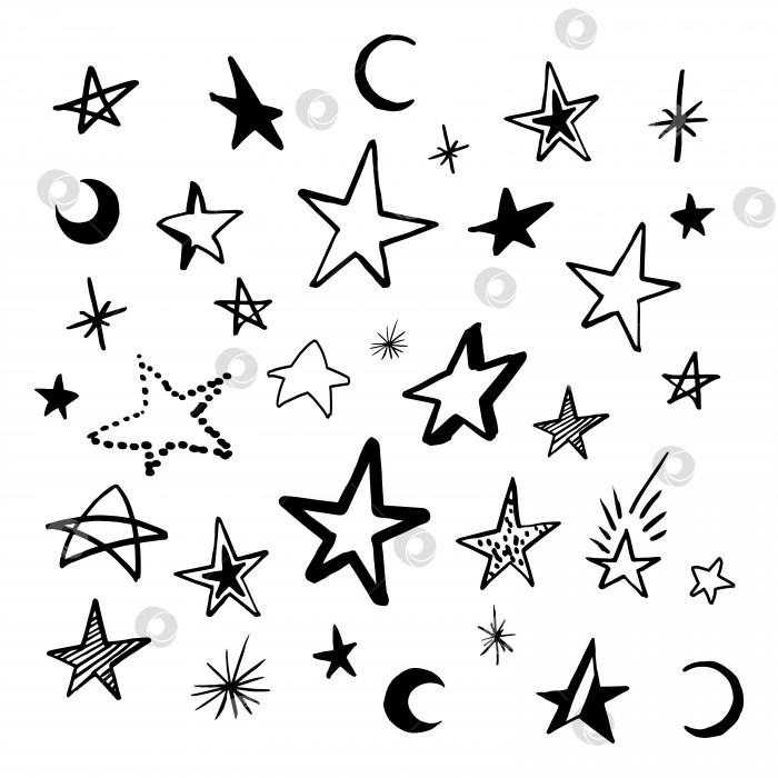 Скачать Установите каракули-звездочки. Коллекция черных нарисованных от руки звезд и полумесяцев. Векторная иллюстрация, выделенная на белом фоне. фотосток Ozero