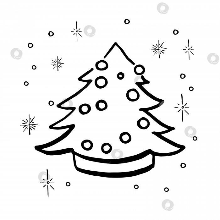 Скачать Нарисуйте рождественскую елку. Простая нарисованная от руки украшенная рождественская елка. Векторная иллюстрация. Изолированный на белом фотосток Ozero