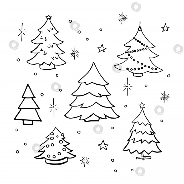 Скачать Набор для рисования рождественских елок. Коллекция нарисованных вручную украшенных рождественских елок. Векторная иллюстрация. Выделено на белом фоне. фотосток Ozero