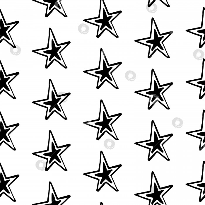 Скачать Узор из звезд. Нарисованные от руки каракули-звезды на белом фоне. Бесшовный векторный фон. Черное и белое. фотосток Ozero