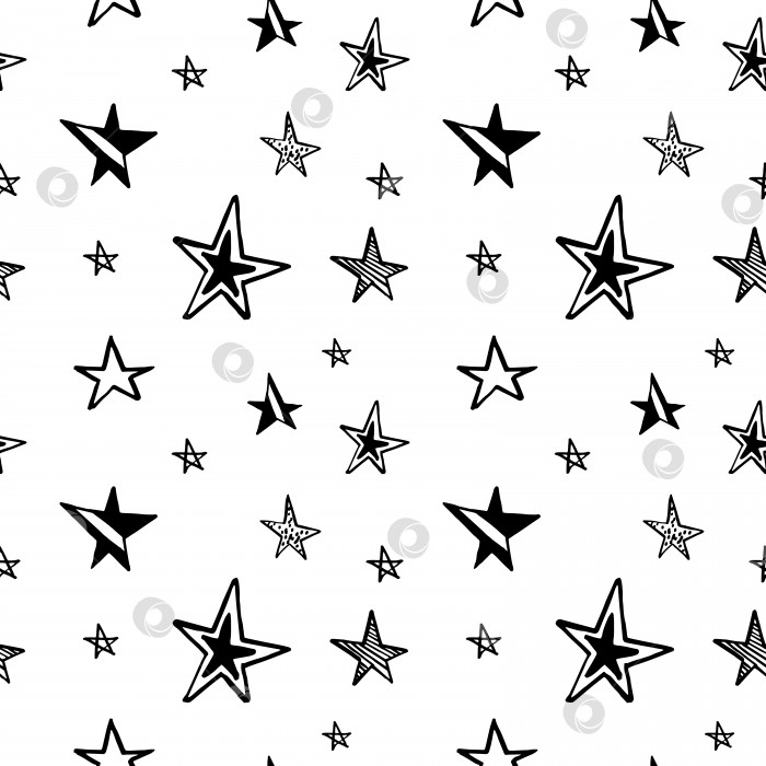 Скачать Узор из звезд. Нарисованные от руки каракули-звезды на белом фоне. Бесшовный векторный фон. Черное и белое. фотосток Ozero