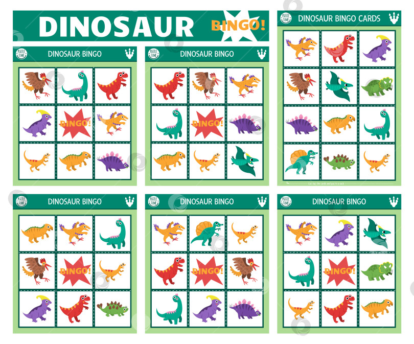 Скачать Набор векторных карточек для бинго с динозаврами. Настольная игра "Семейное лото" с птеродактилем, стегозавром, трицератопсом и Тираннозавром-рексом для детей. Доисторическая лотерея. Простой учебный лист для печати фотосток Ozero