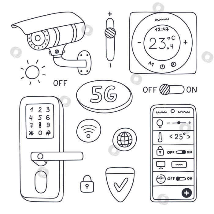 Скачать Симпатичный набор рисунков с интеллектуальными устройствами безопасности для обеспечения безопасности дома, наблюдения и управления по телефону. Нарисованная от руки камера видеонаблюдения, интеллектуальный дверной замок, дистанционный термостат для защиты имущества, дома. фотосток Ozero