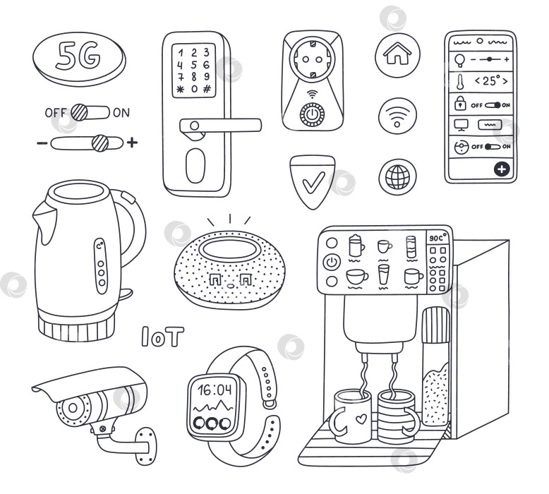 Скачать Симпатичный набор интеллектуальных устройств для развлечений, приготовления пищи и обеспечения безопасности дома. Нарисованная от руки интеллектуальная машина с дистанционным управлением по телефону и голосовым помощником. Интернет вещей, выделенный на заднем плане. фотосток Ozero