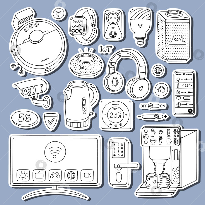 Скачать Набор наклеек Big outline doodle с изображением интеллектуальных устройств Интернета вещей для планировщиков, записных книжек. Список готовых к печати симпатичных наклеек. Клипарт интеллектуальной машины с дистанционным управлением по телефону. фотосток Ozero
