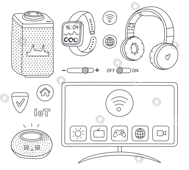 Скачать Симпатичный набор рисунков с развлекательными интеллектуальными устройствами, управляемыми с помощью мобильного телефона. Нарисованный от руки голосовой ассистент с искусственным интеллектом, smart TV, беспроводные наушники. Интеллектуальная машина для изоляции мультимедиа фотосток Ozero