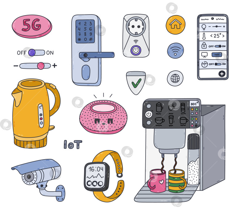 Скачать Красочный набор интеллектуальных устройств для развлечений, приготовления пищи и обеспечения безопасности дома. Нарисованная от руки интеллектуальная машина с дистанционным управлением по телефону и голосовым помощником. Интернет вещей, выделенный белым цветом. фотосток Ozero