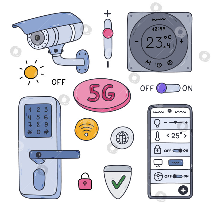 Скачать Красочный набор doodle с интеллектуальными устройствами безопасности для обеспечения безопасности дома, наблюдения и управления по телефону. Нарисованная от руки камера видеонаблюдения, интеллектуальный дверной замок, дистанционный термостат для защиты имущества. фотосток Ozero