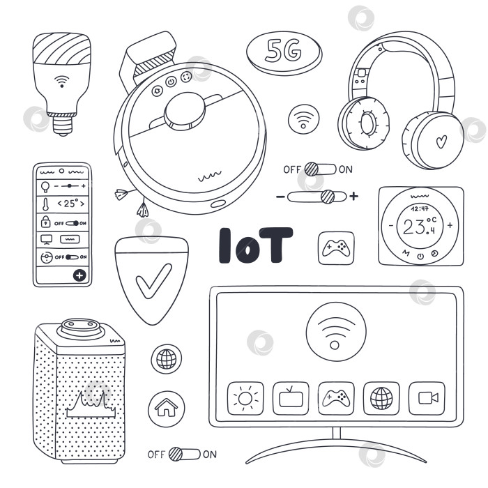 Скачать Набор умных устройств Cute doodle для развлечений, уборки дома, регулирования температуры и освещения, обеспечения безопасности в доме. Нарисованная от руки интеллектуальная машина с дистанционным управлением по телефону. Интернет вещей фотосток Ozero