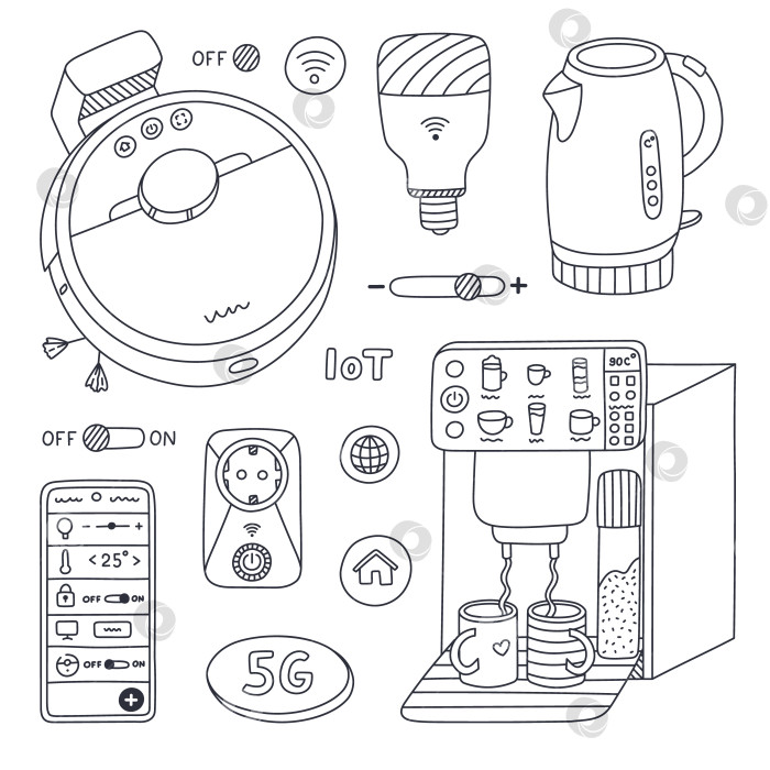 Скачать Симпатичный дизайнерский набор с интеллектуальными устройствами для удаленной работы по дому, приготовления кофе, управления освещением с помощью смартфона. Нарисованная от руки интеллектуальная машина, подключенная к сети. Отдельная коллекция для Интернета вещей. фотосток Ozero