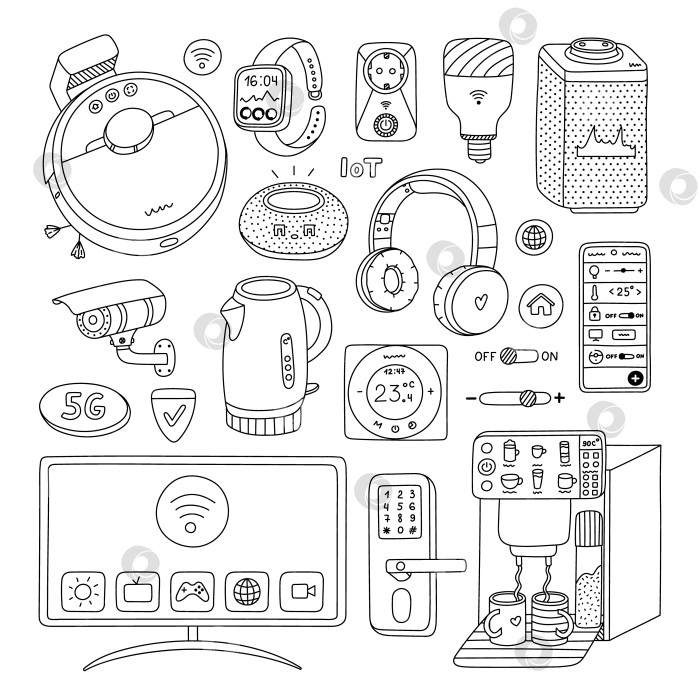 Скачать Большой набор интеллектуальных устройств для развлечений, приготовления пищи, обеспечения безопасности и уборки в доме. Нарисованная от руки интеллектуальная машина с дистанционным управлением через телефон. Коллекция Интернета вещей, выделенная на заднем плане. фотосток Ozero