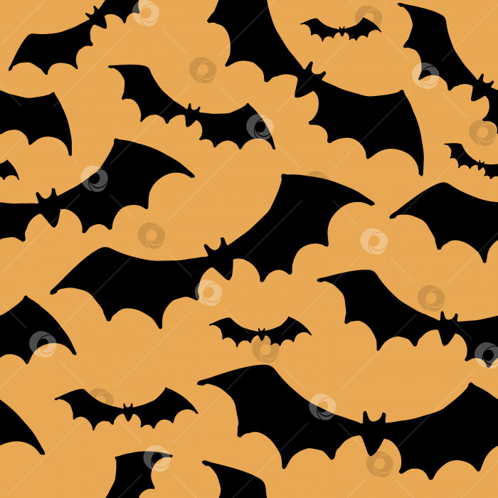 Скачать Фон Хэллоуина. Черные силуэты летучих мышей на оранжевом фоне. Бесшовный векторный узор фотосток Ozero