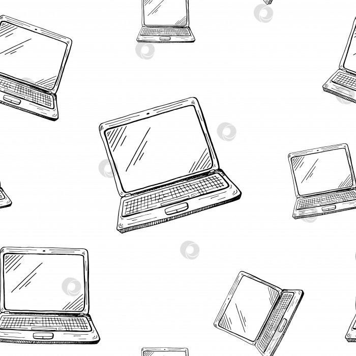 Скачать Технический паттерн. Нарисованные от руки компьютеры и ноутбуки в стиле эскиза на белом фоне. Бесшовный векторный фон. фотосток Ozero