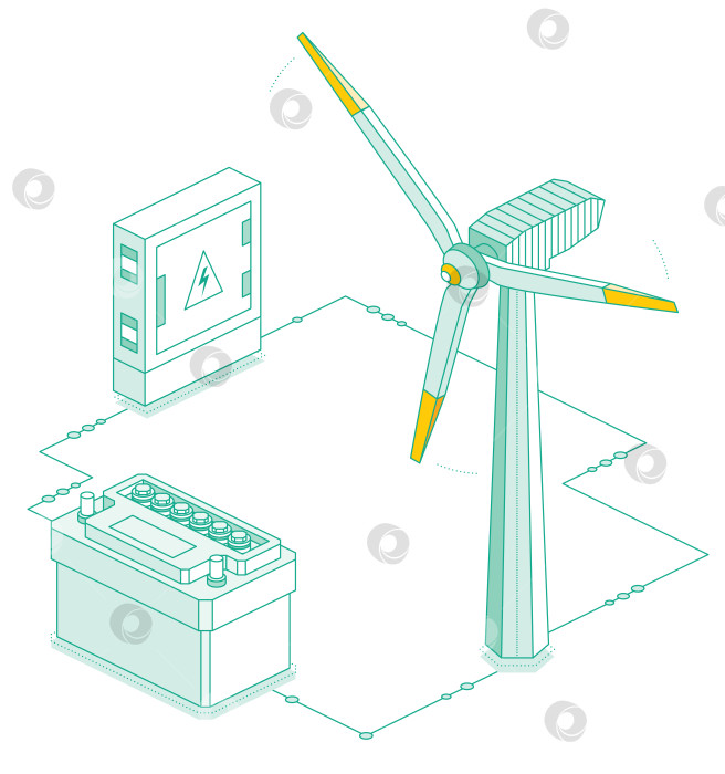 Скачать Ветряная турбина для выработки электроэнергии и автомобильный аккумулятор, выделенные на белом фоне. Аккумуляторная батарея и электрический трансформатор. Объекты изометрического контура. фотосток Ozero