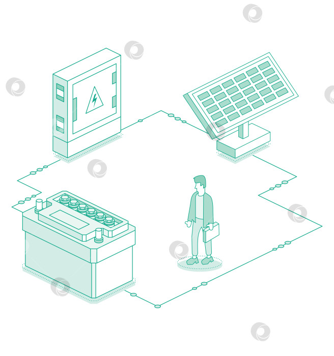 Скачать Солнечная панель для выработки электроэнергии и автомобильный аккумулятор, выделенные на белом фоне. Аккумуляторная батарея и электрический трансформатор. Объекты изометрического контура. фотосток Ozero