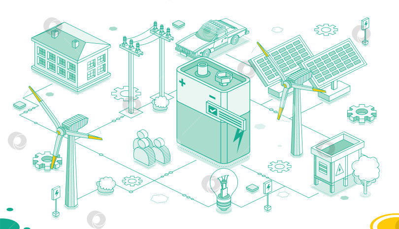 Скачать Концепция чистой энергии. Изометрическая 9-вольтовая батарея, солнечные панели и ветряные турбины, выделенные на белом фоне. Общий стиль. Экологически чистая энергия. Дом с электромобилем. фотосток Ozero