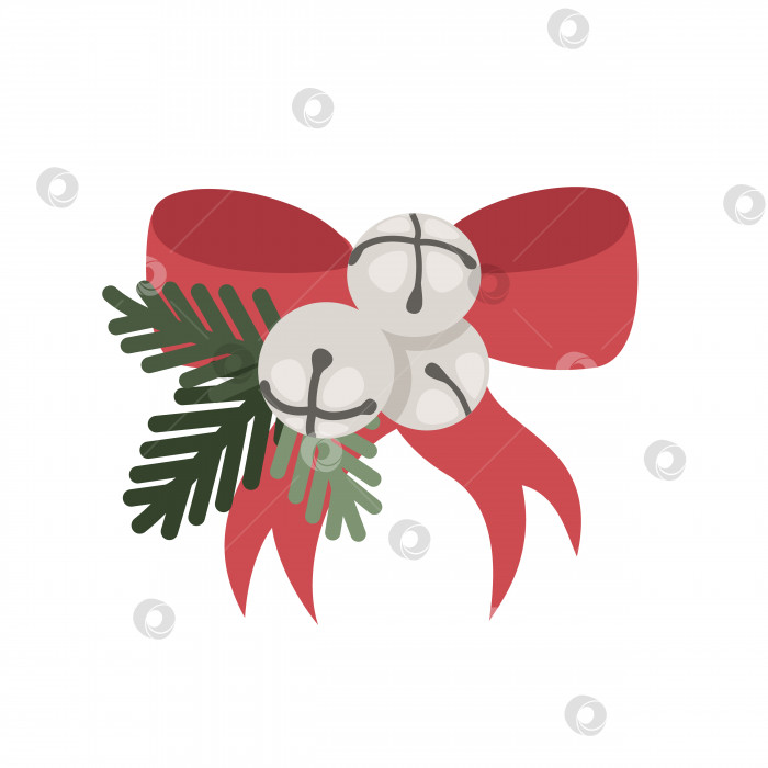 Скачать Рождественские колокольчики с бантом и еловыми ветками. Плоская иллюстрация фотосток Ozero