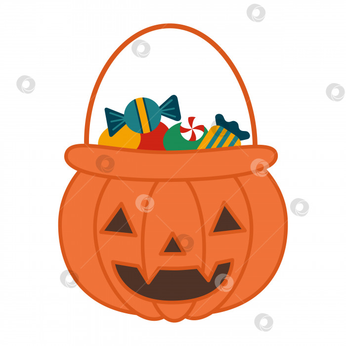 Скачать Корзина для Хэллоуина, тыквенный фонарь с конфетами. Плоская иллюстрация фотосток Ozero