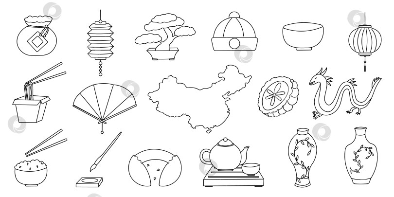 Скачать Набор китайских элементов. Линейка, каракули, раскраска. уличный бумажный фонарь, дерево бонсай фотосток Ozero