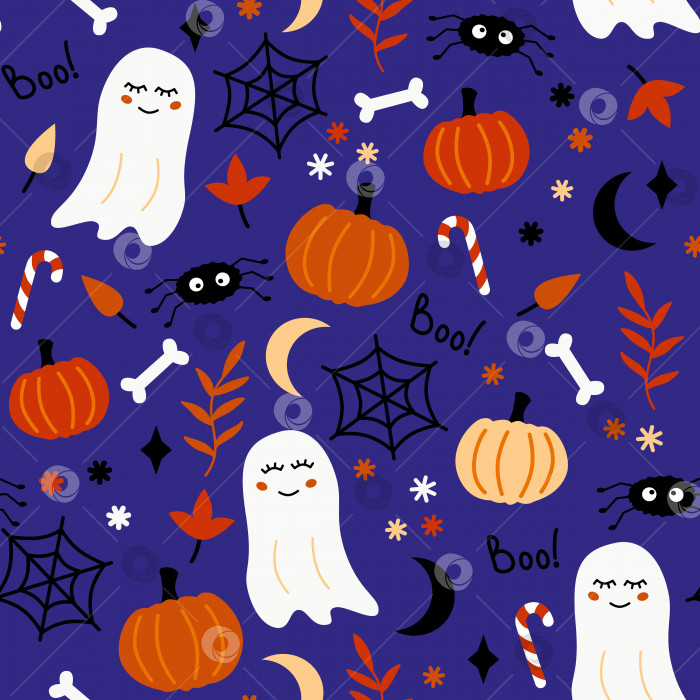 Скачать Яркий и соблазнительный набор элементов с бесшовным рисунком на Хэллоуин. Призрак, пауки и тыквы фотосток Ozero
