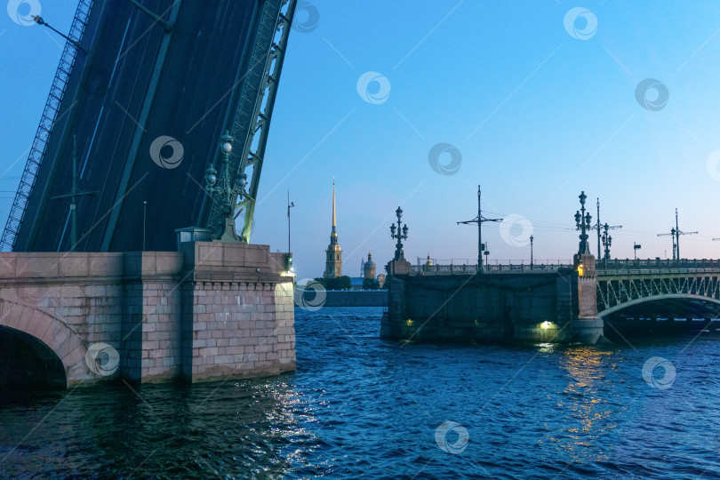 Скачать поднятый Литейный мост в Санкт-Петербурге белой ночью, на заднем плане виден Петропавловский собор фотосток Ozero