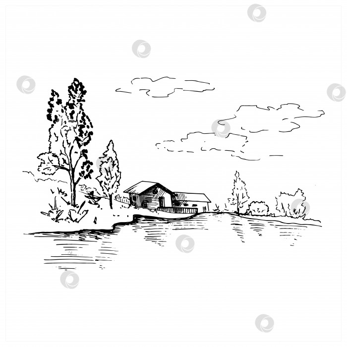 Скачать Пейзажный набросок. Нарисованный от руки пейзаж с деревенским домом, озером и деревьями. Векторная иллюстрация в стиле эскиза. Выделено на белом фоне. фотосток Ozero