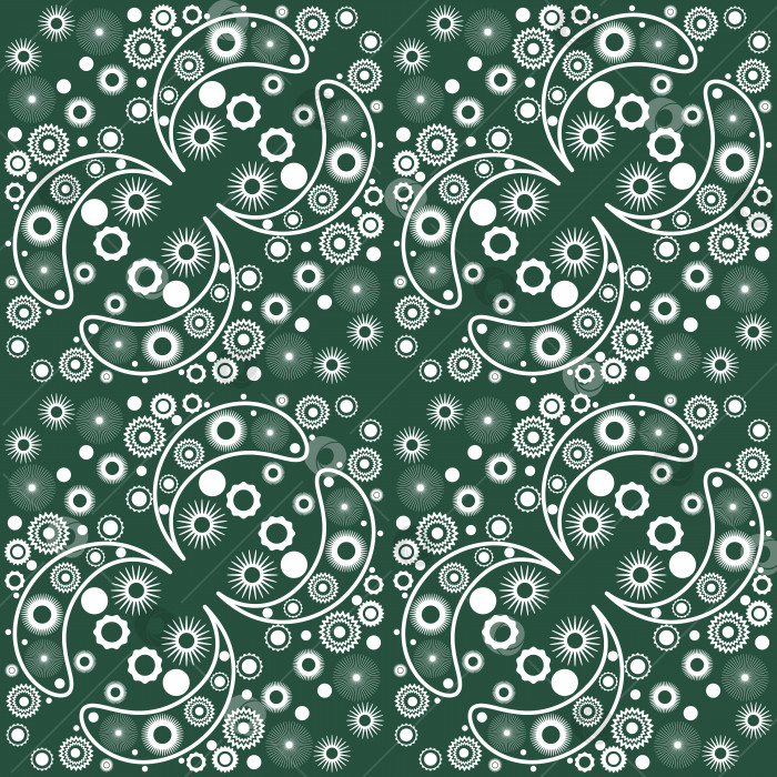 Скачать Зелено-белый бесшовный узор в деревенском стиле с цветами и пейсли. Дизайн для печати на ткани. Векторная иллюстрация фотосток Ozero