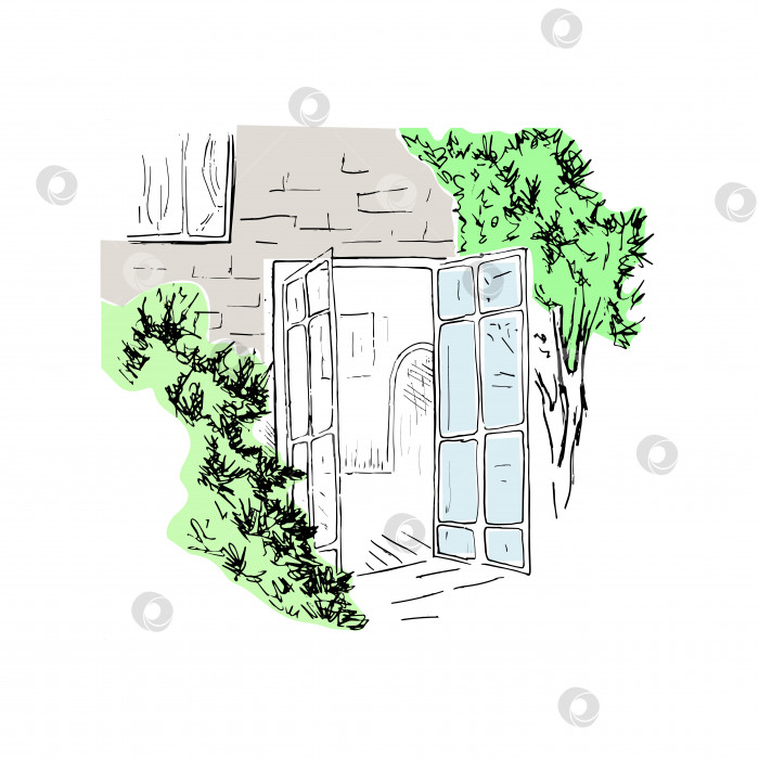 Скачать Эскиз сада. Нарисованный от руки векторный эскиз открытой стеклянной двери в сад. Простой элемент пейзажа, дверь в сад, выделенная на белом фоне. фотосток Ozero