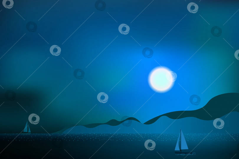 Скачать Прекрасный ночной вид с яхтой, горами, морем и яркой сияющей Луной. фотосток Ozero