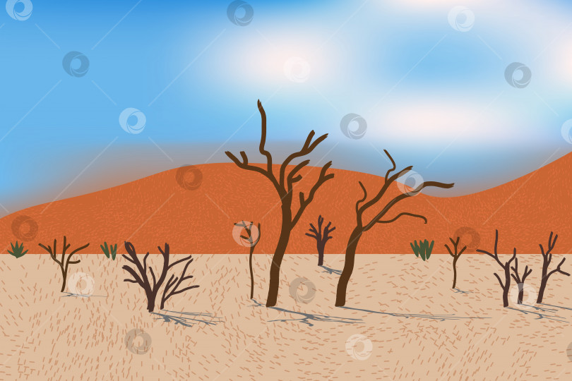 Скачать Прекрасный вид на пустыню со стилизованными дюнами, деревьями, травой и кустарниками. Яркий дневной свет. фотосток Ozero