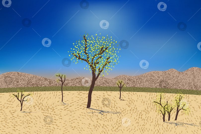 Скачать Прекрасный вид на пустыню со стилизованными холмами, деревьями, травой и кустарниками. Яркий дневной свет. фотосток Ozero