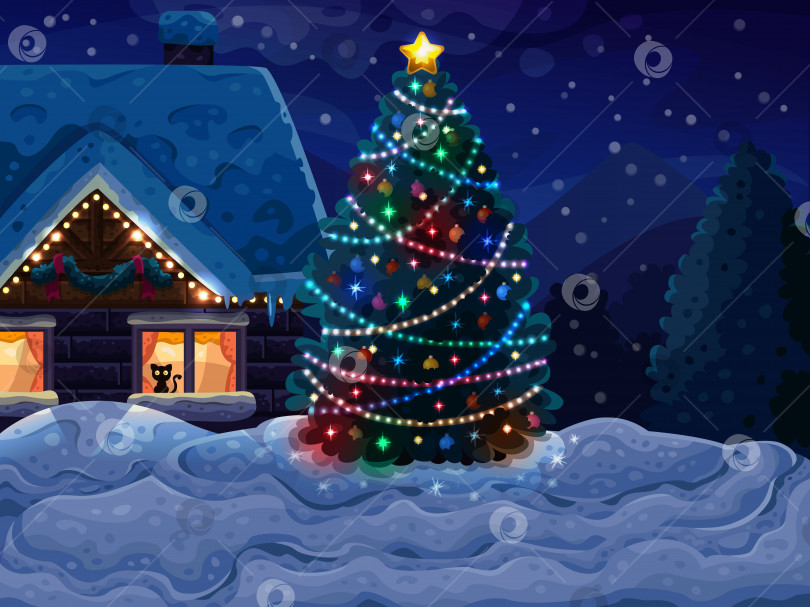 Скачать Рождественский фон с рождественской елкой и домом фотосток Ozero