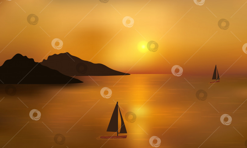 Скачать Прекрасный золотой закат над океаном с далекими горами и парусными яхтами. Отражения на поверхности воды. фотосток Ozero