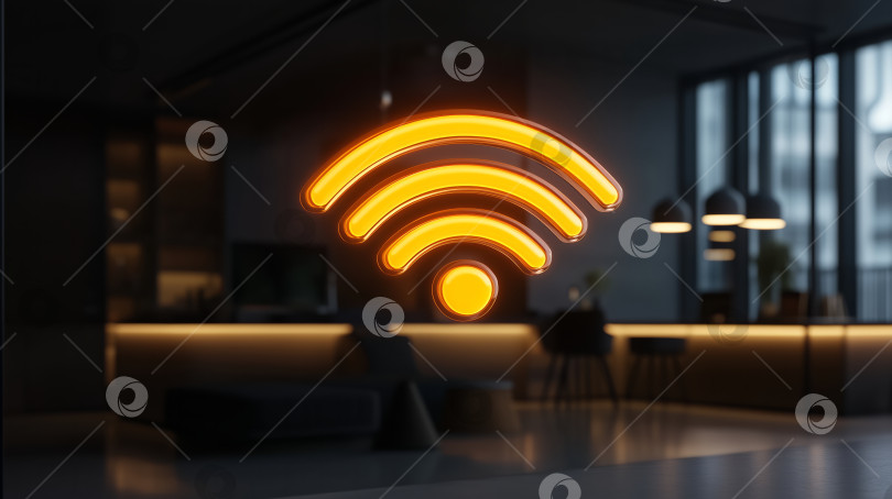 Скачать Светящийся оранжевый символ Wi-Fi в современном, слабо освещенном офисном помещении, символизирующий беспроводную связь и доступ в Интернет фотосток Ozero