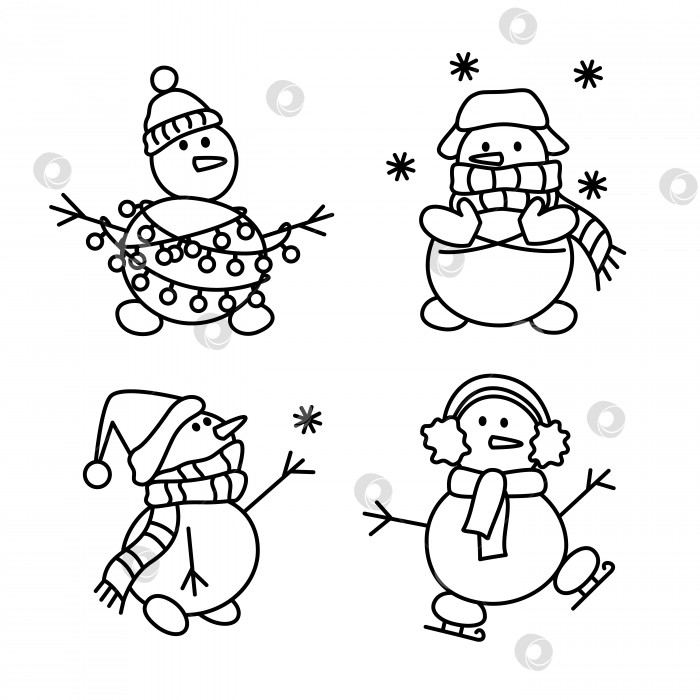 Скачать Набор милого забавного снеговика в стиле каракули. Снеговики в шляпе, с гирляндой, снежинками и коньками. фотосток Ozero