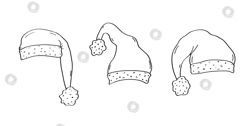 Скачать Набор значков с каракулями в рождественской шляпе. Иллюстрация из мультфильма "Шляпа Санта-Клауса", нарисованная вручную. Векторная графика на белом фоне. фотосток Ozero