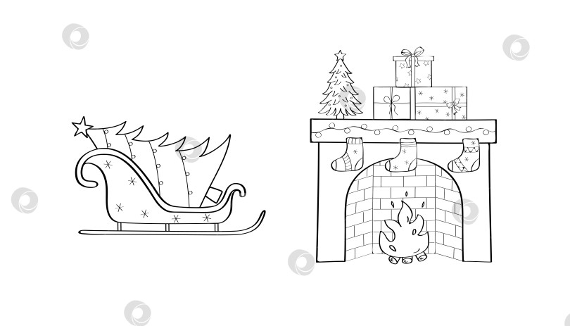 Скачать Рождественские векторные рисунки-каракули. Камин с горящим огнем. Рождественская елка, подарки. Уютный символ тепла и семейных традиций. фотосток Ozero