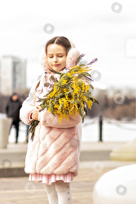 Скачать Портрет маленькой девочки в теплом розовом пальто и меховых наушниках с букетом мимозы в руках. Весна, Международный женский день 8 марта. фотосток Ozero