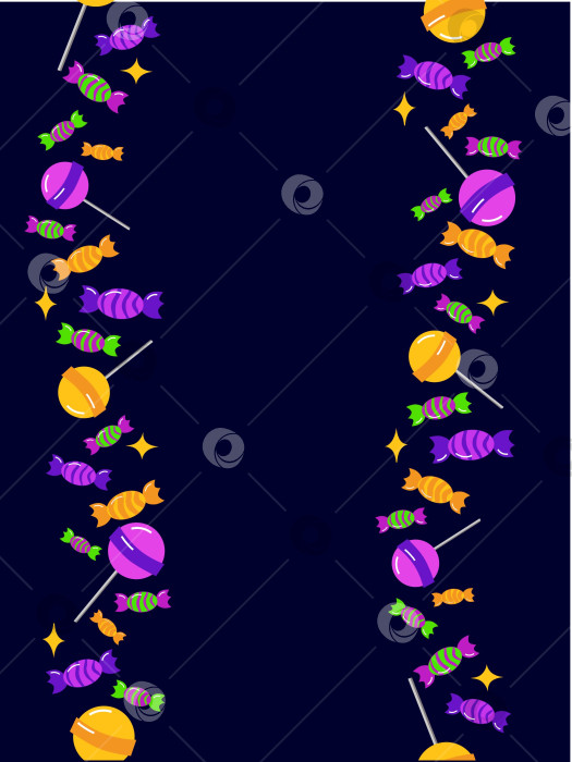 Скачать Вертикальная бесшовная рамка с конфетами и леденцами на палочке на темном фоне. С самым сладким днем и Хэллоуином. Векторный шаблон для плакатов, открыток, баннеров, упаковки, меню фотосток Ozero