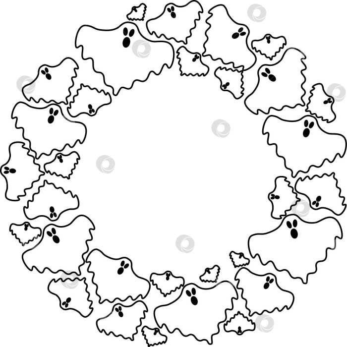 Скачать круглая рамка для Хэллоуина с изображением мультяшных призраков со страшными лицами. рамка-рамка с белым пространственным фоном. обведите пустую поздравительную открытку или рекламный макет на Хэллоуин фотосток Ozero
