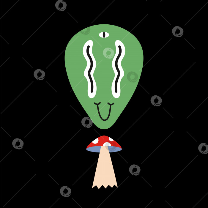 Скачать Винтажный зеленый инопланетянин с грибным НЛО, мультяшный стиль, забавный комический персонаж. фотосток Ozero