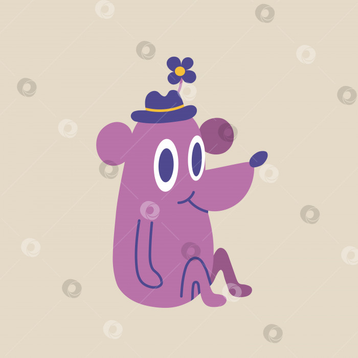 Скачать Сидит симпатичный мышонок в шляпе, мультяшный стиль, забавный комический персонаж. фотосток Ozero