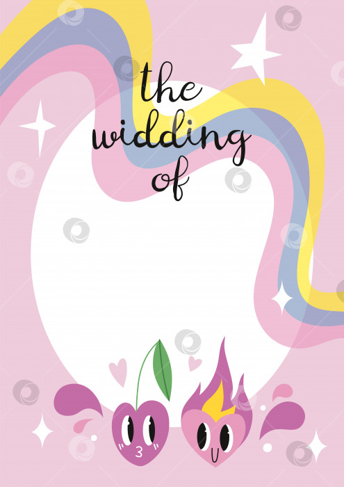 Скачать Шаблон пригласительного билета на свадьбу с забавными комическими персонажами и каракулями: вишня и влюбленное сердце, мультяшный стиль. Модная современная векторная иллюстрация, нарисованная от руки фотосток Ozero