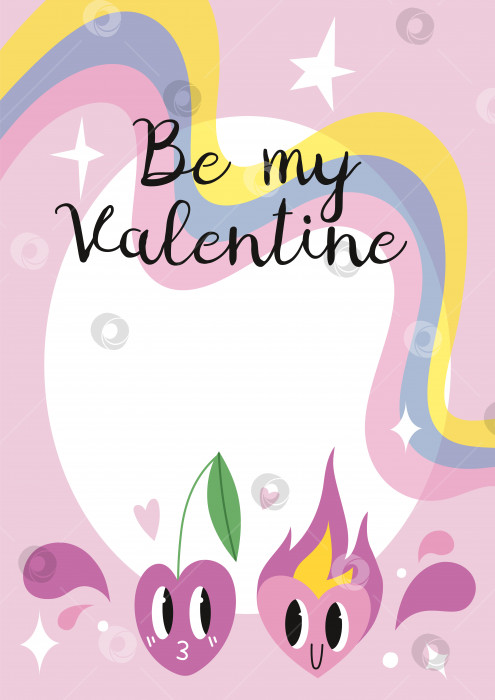 Скачать Будь моей Валентинкой, шаблон открытки с забавными комическими милыми персонажами и каракулями: вишня и влюбленное сердце, мультяшный стиль. Модная современная векторная иллюстрация, нарисованная от руки фотосток Ozero