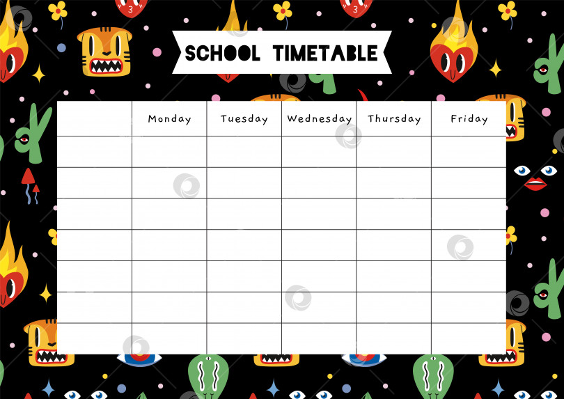 Скачать Симпатичное школьное расписание с забавными персонажами комиксов, абстрактными фигурами и каракулями в мультяшном стиле. Модная современная векторная иллюстрация, нарисованная от руки, плоский дизайн. фотосток Ozero