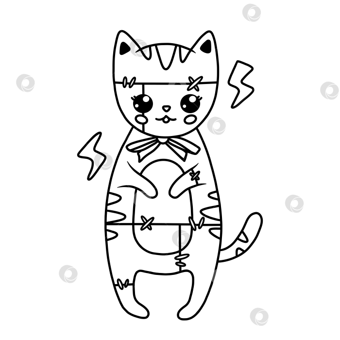 Скачать Детская раскраска на Хэллоуин с изображением кавайного кота в костюме Франкенштейна в стиле лайн-арт. фотосток Ozero
