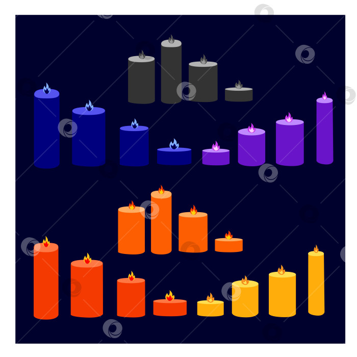 Скачать Набор мультяшных горящих разноцветных свечей на черном фоне. свечи с тающим воском, пламя. Векторная иллюстрация. ЭПС10. фотосток Ozero