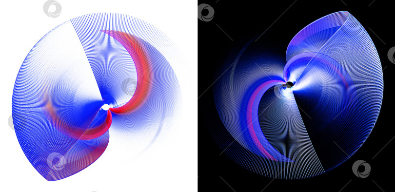 Скачать Синие абстрактные пропеллеры с красной полосой и красиво изогнутыми лопастями вращаются на белом и черном фоне. Иконка, логотип, символ, вывеска. Набор. 3D-рендеринг. 3D-иллюстрация. фотосток Ozero