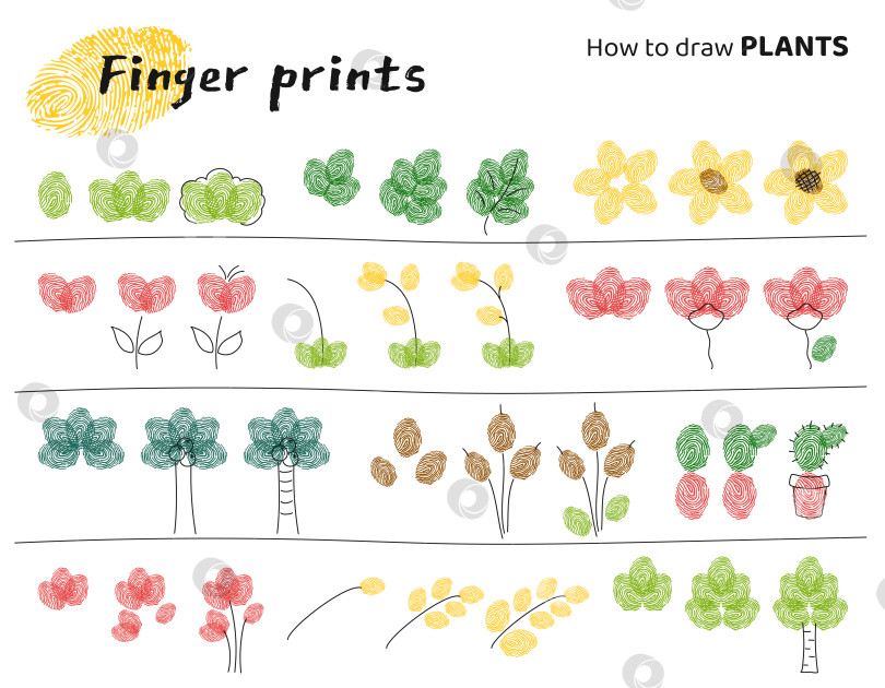 Скачать Рисунки на пальчиках. Задание для детей, как сделать разные растения. фотосток Ozero