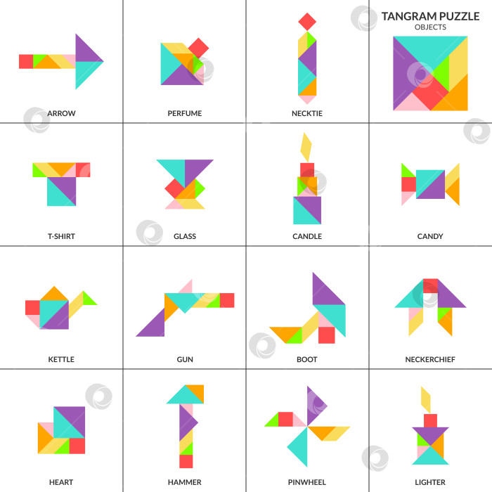 Скачать Головоломка Танграм. Набор векторов с различными объектами. фотосток Ozero
